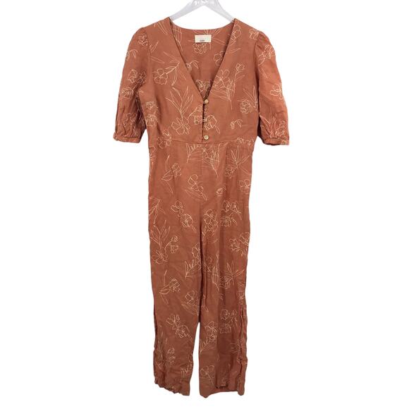 Capulet Isalina Jumpsuit L Floral Button Front V-Neck Short Puff Sleeve Cropped - Picture 1 of 8